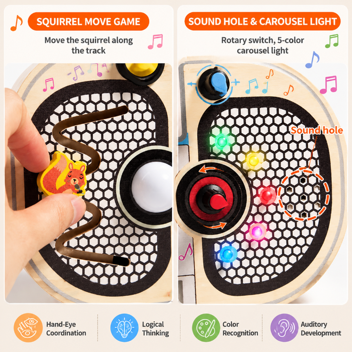 Close-ups of the sliding squirrel track, rotary switch, and colored lights on the wooden busy board