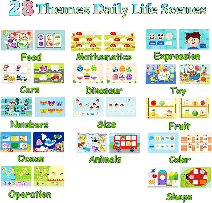 Overview of busy book themes including food, numbers, animals, colors, and shapes