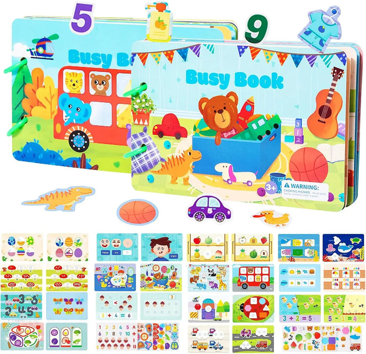 Colorful busy book with matching cards and a preview of themed activity pages