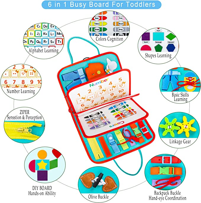 Busy book activity overview with numbers, letters, shapes, gears, zippers and buckles