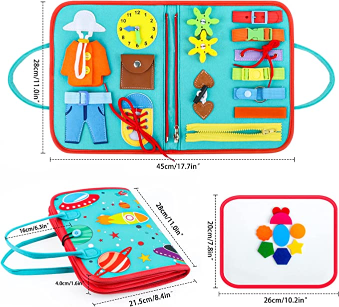 Measurement diagram showing the felt busy book open, closed and with a separate activity panel