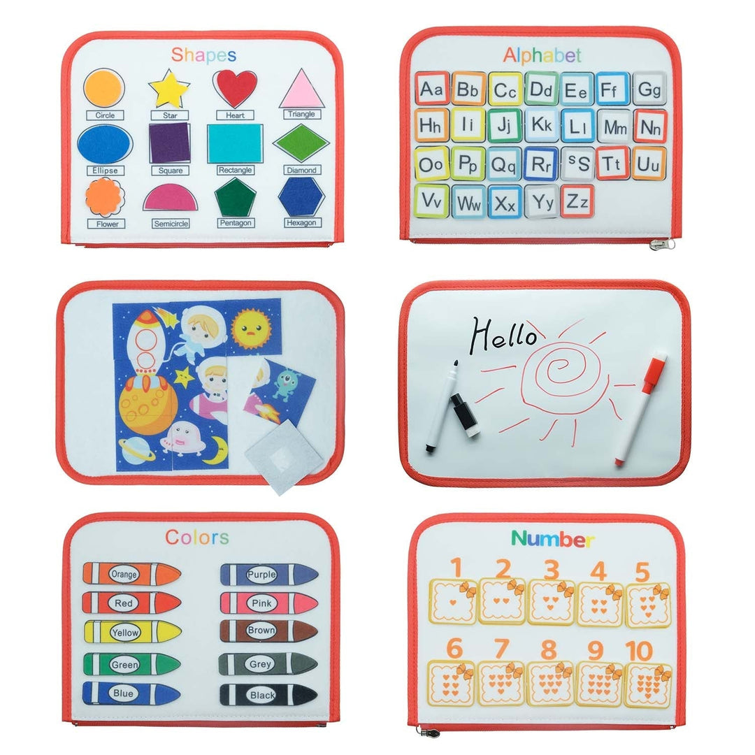 Six busy book pages featuring shapes, letters, felt pieces, drawing, colors and numbers