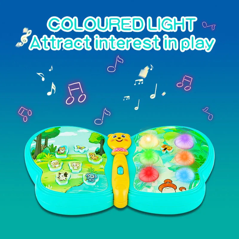 Turquoise butterfly learning toy with six glowing colored buttons.