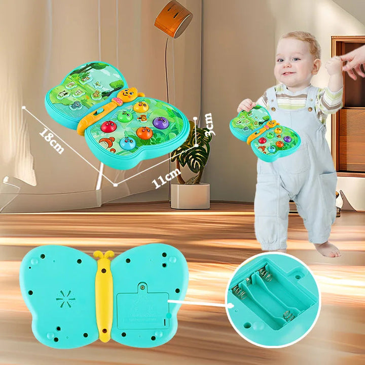 Butterfly toy with 18 x 11 cm measurements, underside view, and battery compartment detail.