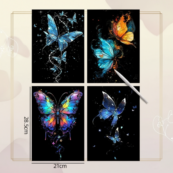 Four butterfly scratch cards with a wooden stylus and a 21 x 28.5 cm size guide