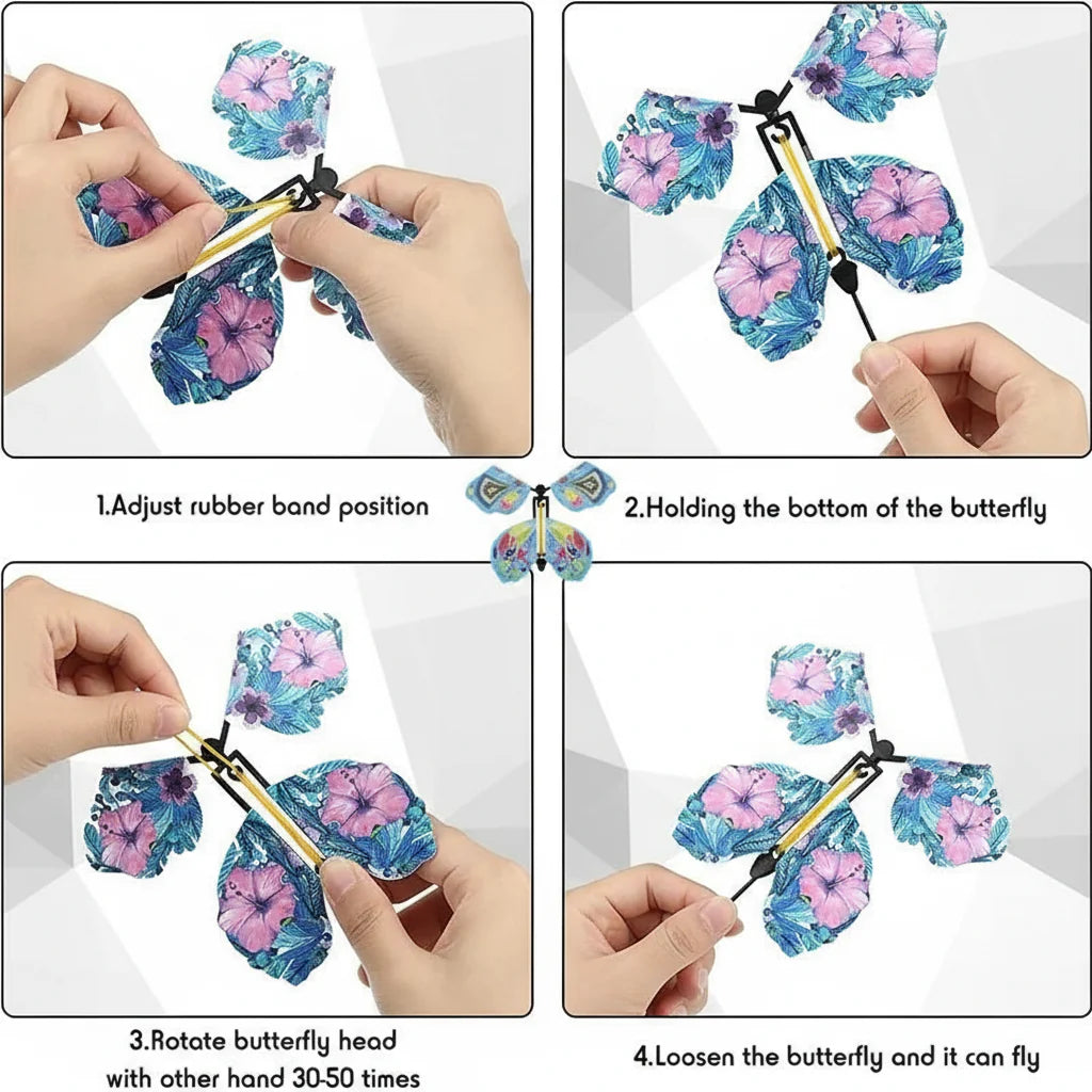 Four-step picture guide to adjusting, holding, winding, and releasing a butterfly toy
