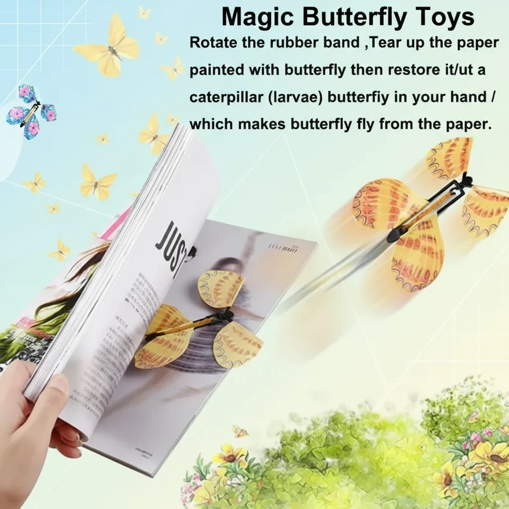 Colorful butterfly toys shown fluttering from the pages of an open book