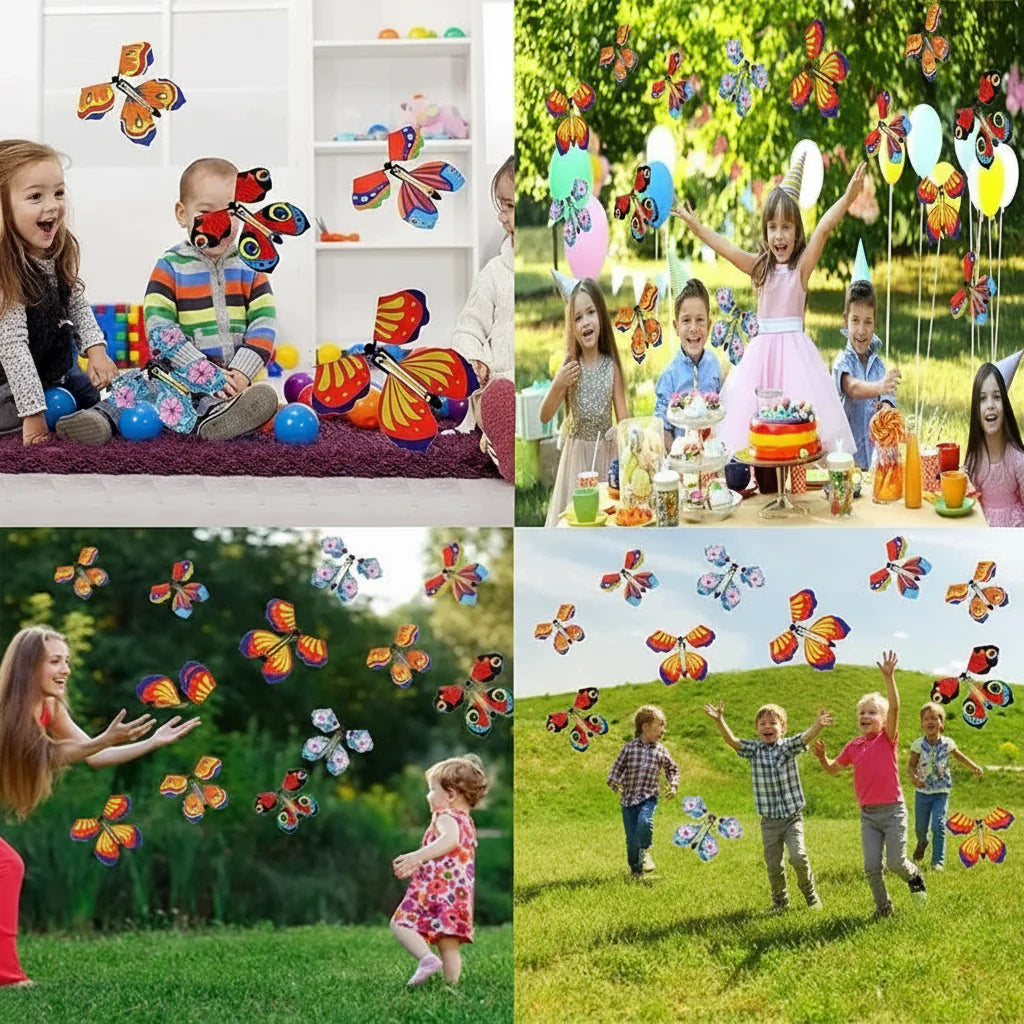 Collage of children at parties and outdoors with colorful butterfly toys