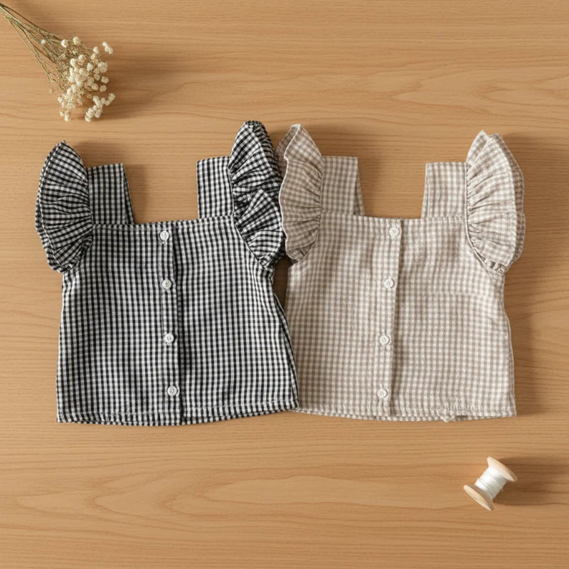 Back view of Black and Coffee gingham ruffle tops with button closures