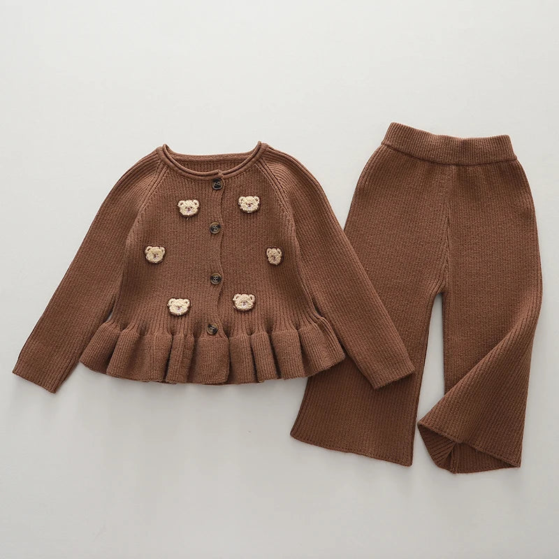 Brown button-front bear sweater and matching pants laid flat