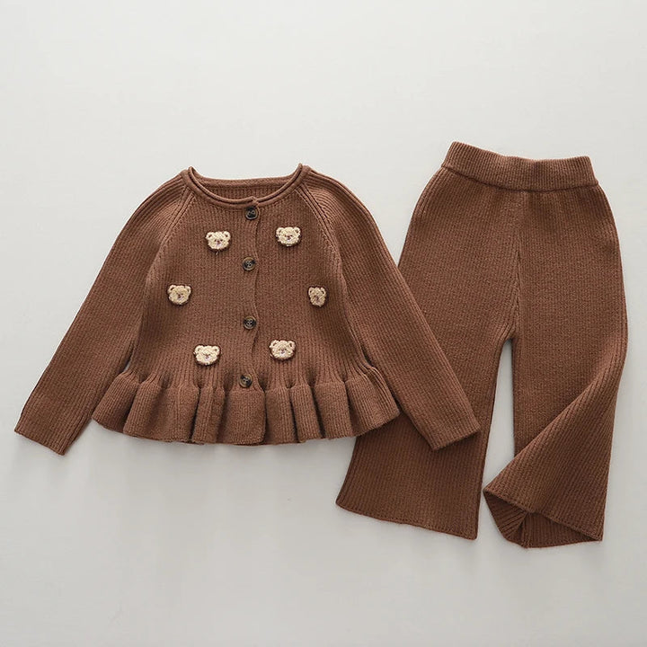 Brown button-front bear sweater and matching pants laid flat