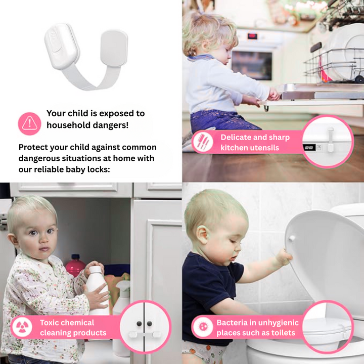 White strap lock shown with kitchen and bathroom installation examples