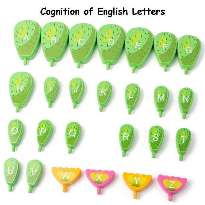 Cactus-shaped alphabet pieces arranged from A to Z, with pink and yellow flower letters.