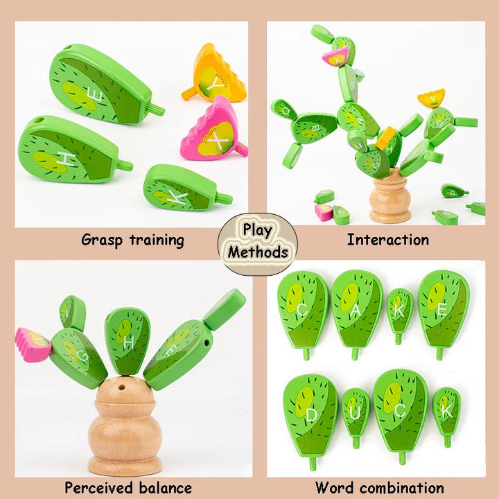 Four examples of cactus letter play: grasping pieces, building branches, balancing, and making words.