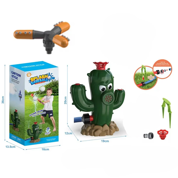 Dark green cactus sprinkler set with an orange spray attachment, connector, and green ground stake
