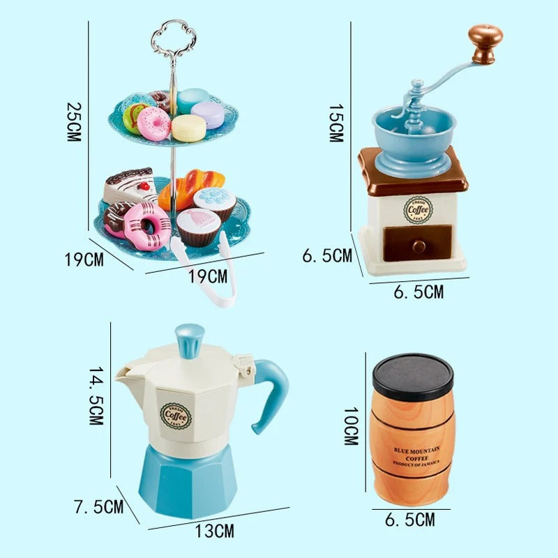 Measurements for the toy pastry stand, coffee grinder, coffee pot and canister