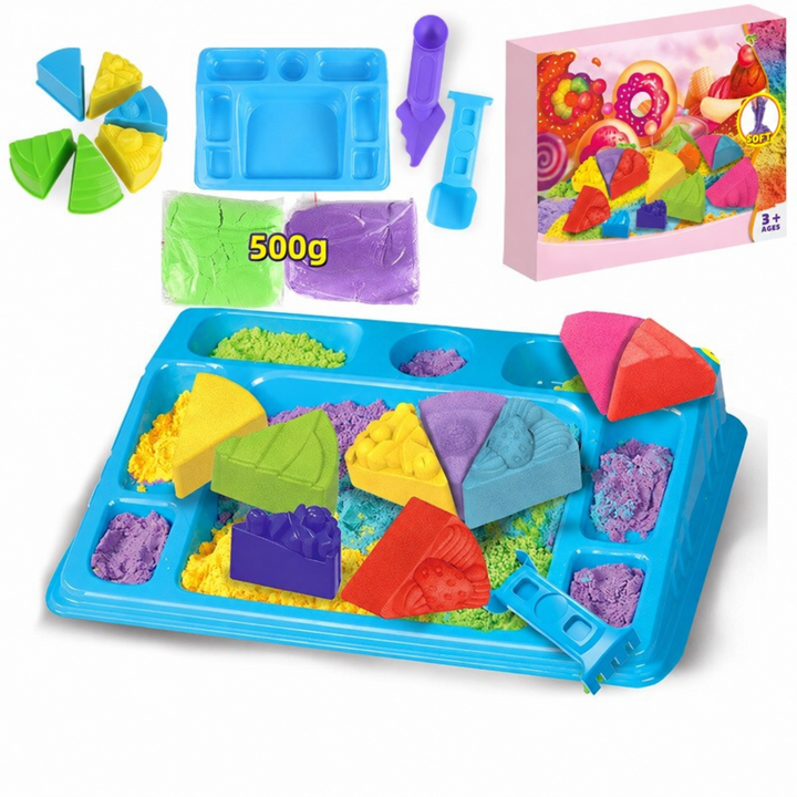 Cake-themed sand set with slice molds, tools, and a blue play tray