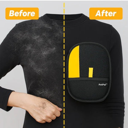 Before and after pet hair removal from a black shirt using a reusable glove