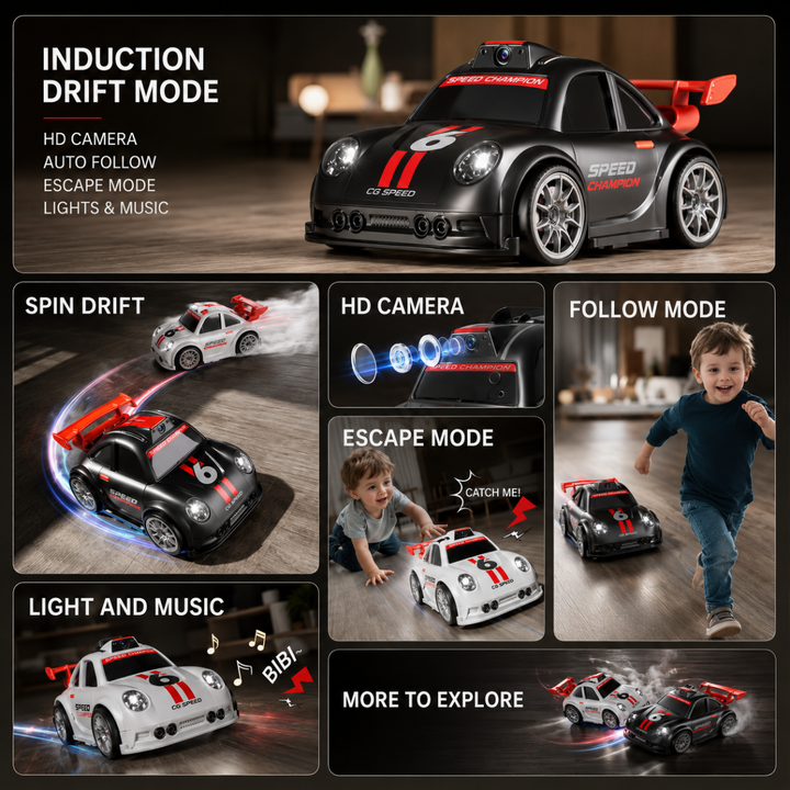 RC car feature collage showing drifting, camera viewing, follow play, escape play, lights, and music