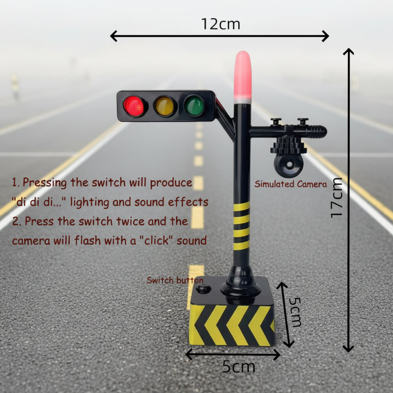 Camera-style traffic-light model with a 12 cm crossbar, 17 cm height, and 5 × 5 cm base.