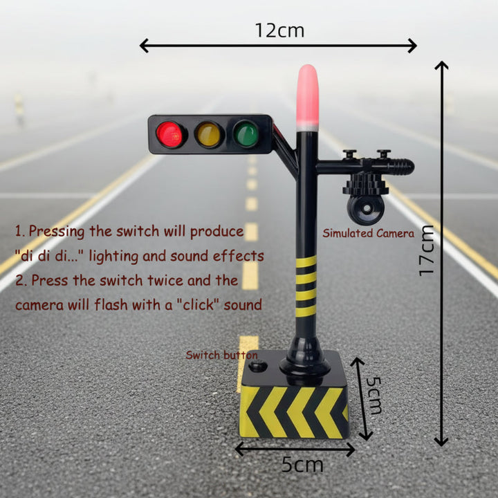 Camera-style traffic-light model with a 12 cm crossbar, 17 cm height, and 5 × 5 cm base.