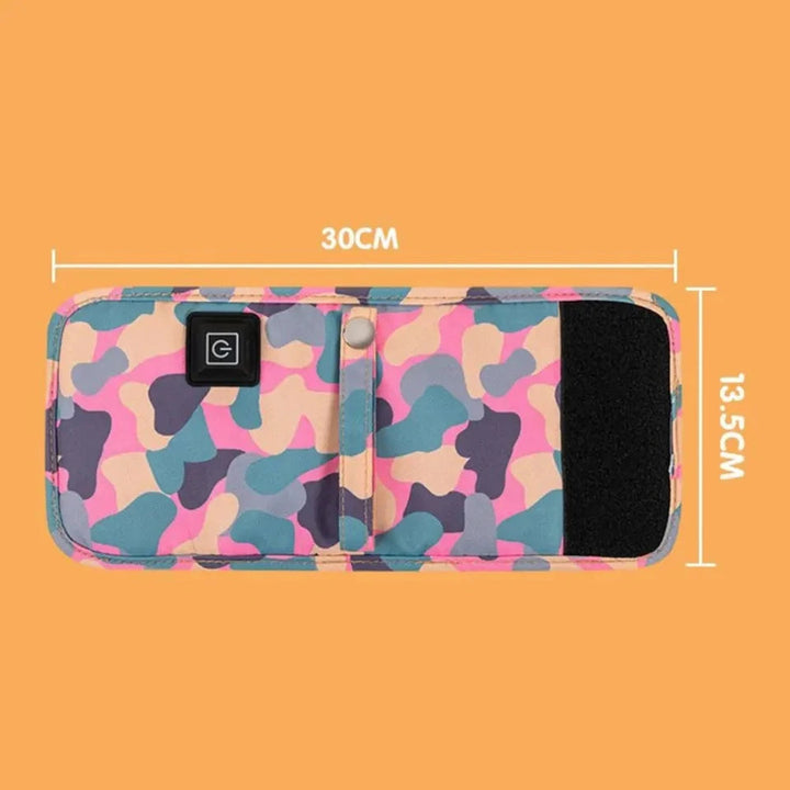 Camouflage bottle-warmer wrap laid flat with labeled dimensions of 30 cm by 13.5 cm.