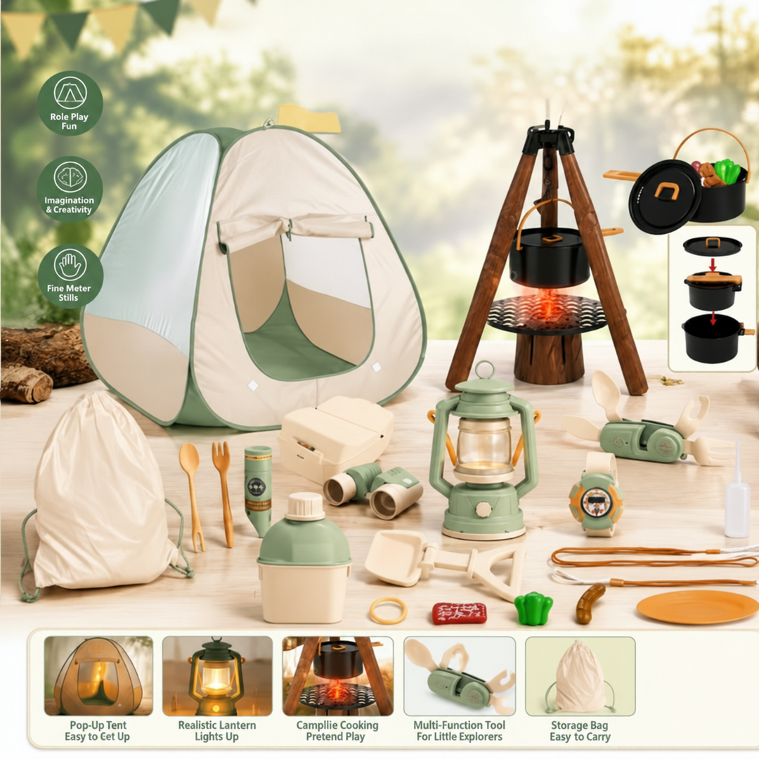 Camping play set with a green and beige tent, toy campfire tripod, lantern and explorer accessories.
