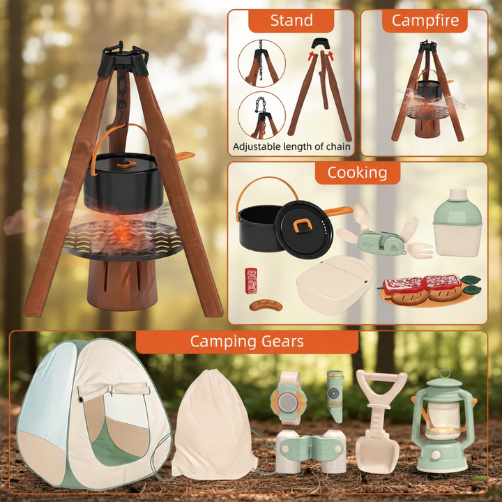 Pretend campfire tripod, cookware and camping gear shown with assembly and accessory details.