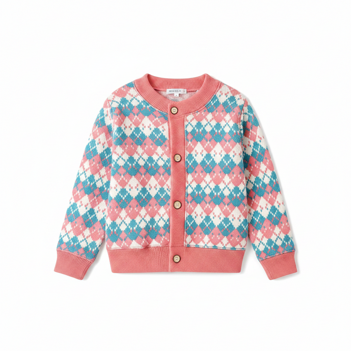Pink, turquoise, and white diamond-pattern cardigan with a pink button placket