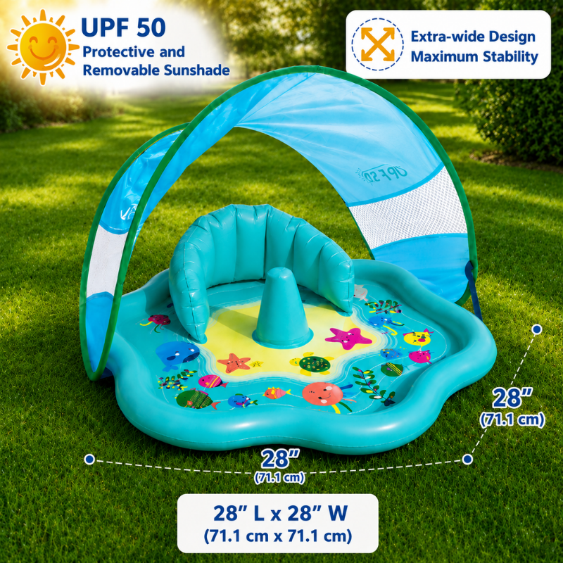 Baby pool with sunshade, inflatable backrest and a 28 x 28-inch footprint