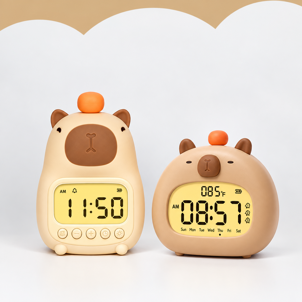 Two capybara alarm clock designs with illuminated digital displays on a white tabletop.