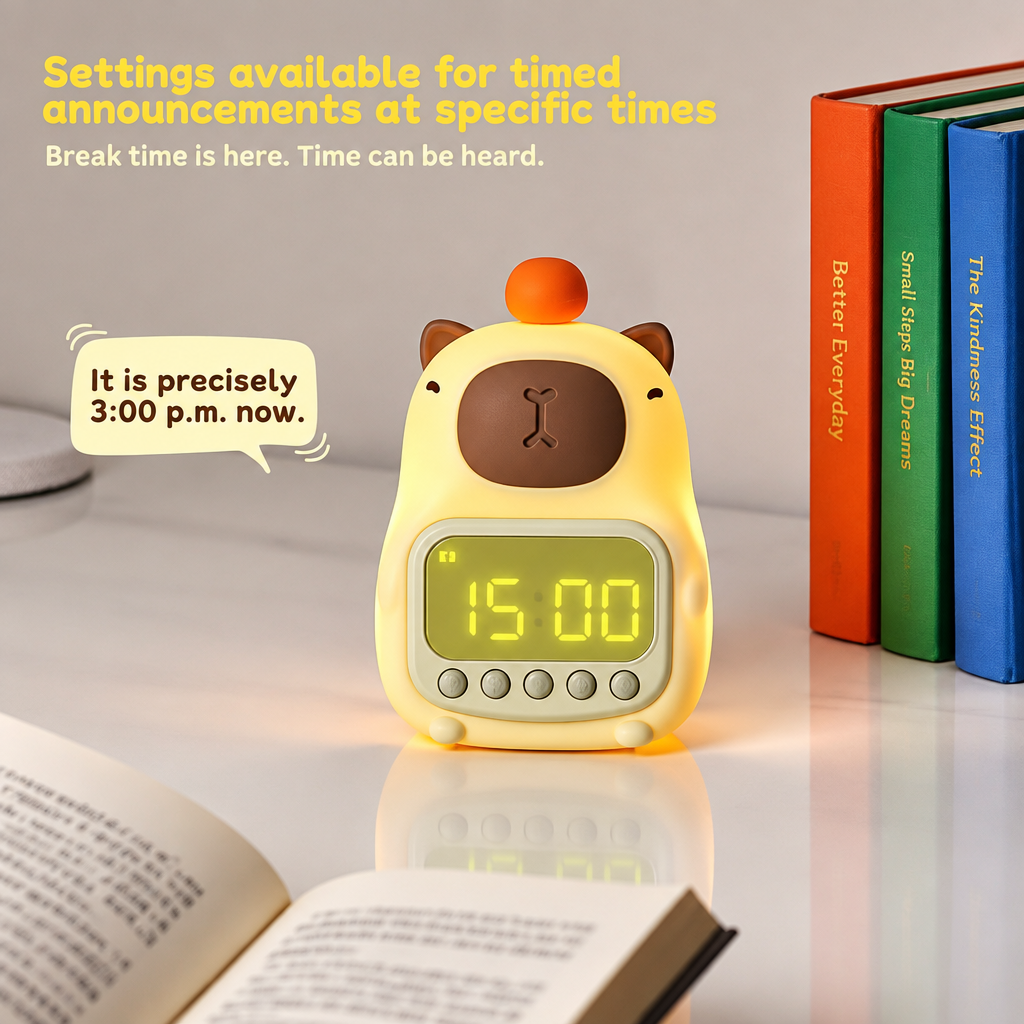Upright capybara digital clock showing 15:00 beside books.