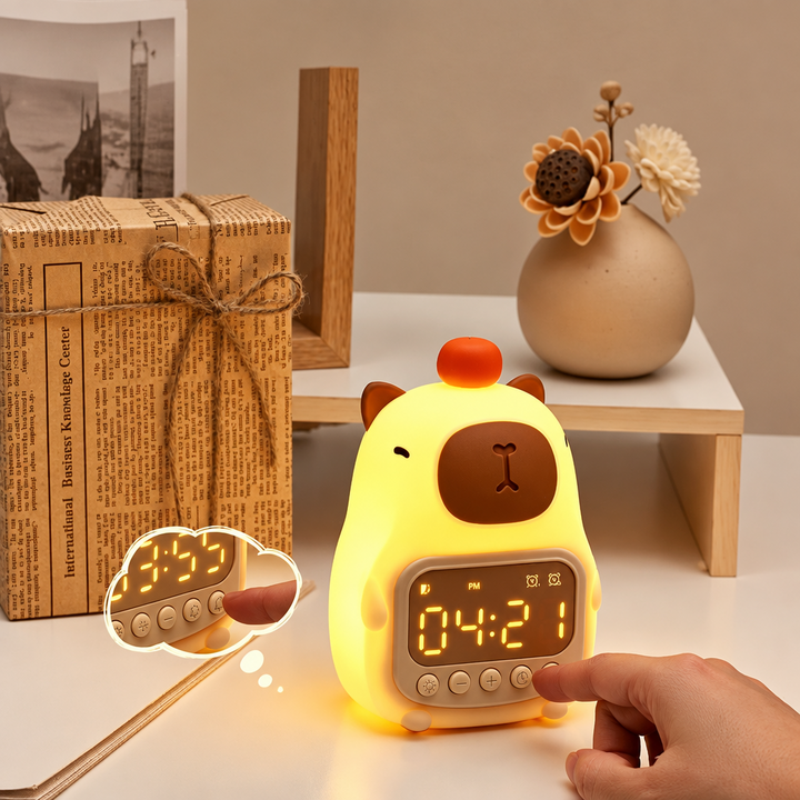 A hand presses a front button on the glowing upright capybara alarm clock.