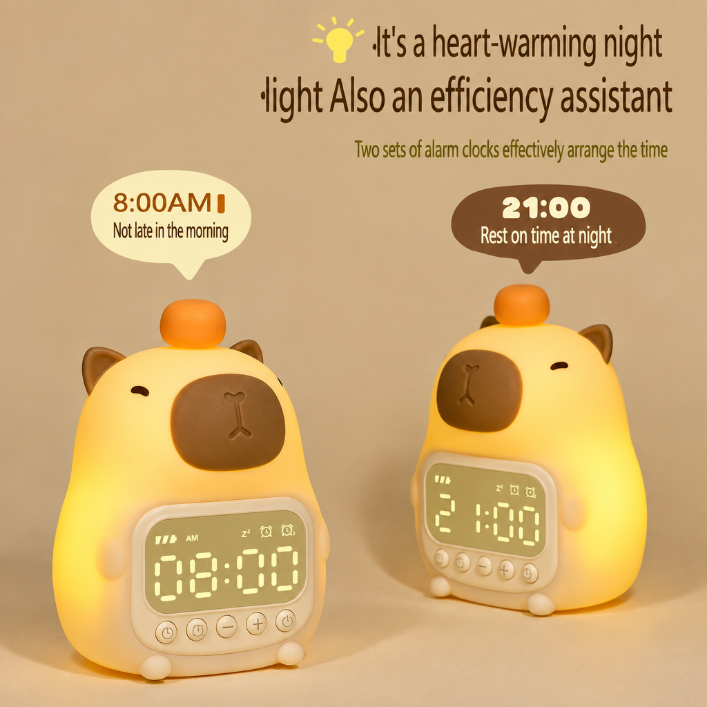 Two illuminated upright capybara clocks showing morning and evening times.
