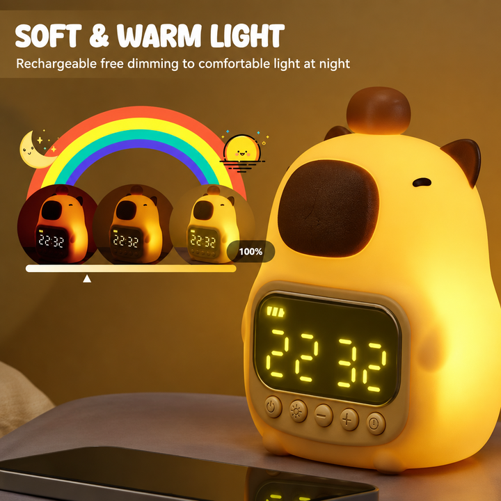 Brightness graphic showing the upright capybara night light at different light levels.