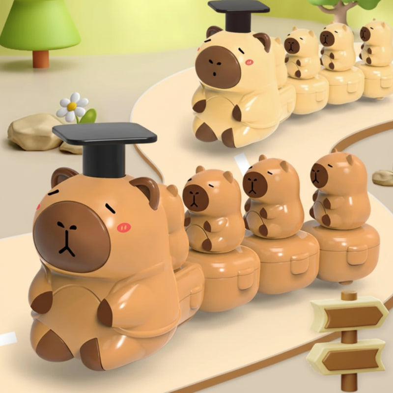 Beige and brown capybara toy trains with smaller capybaras riding behind the lead characters