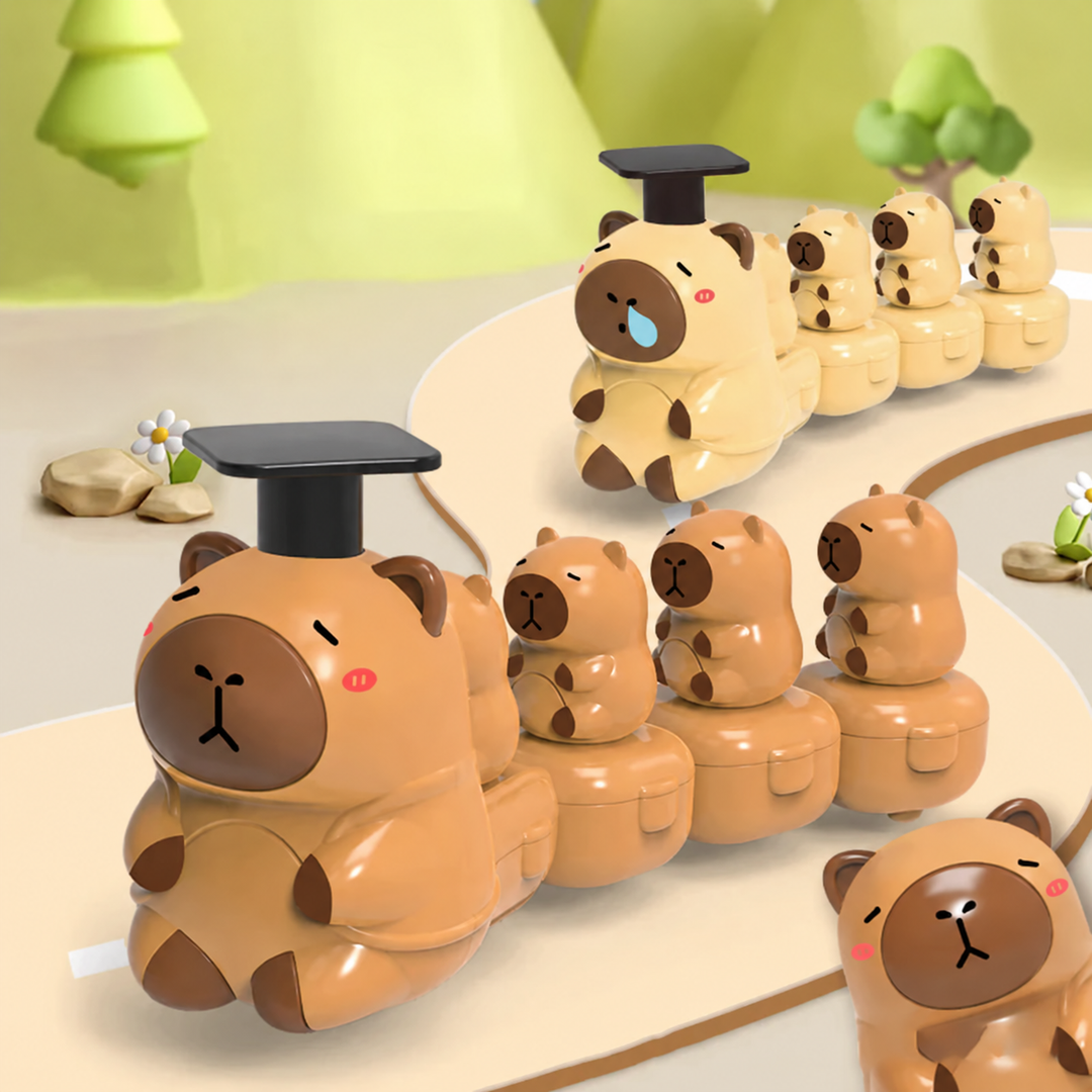 Brown and beige capybara toy trains with a close-up of a small capybara figure