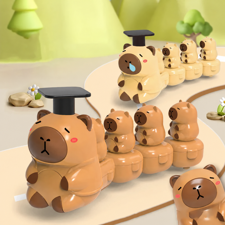 Brown and beige capybara toy trains with a close-up of a small capybara figure