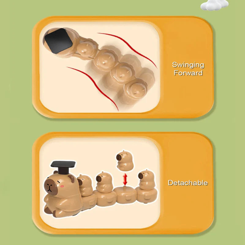 Capybara train diagrams showing a curved row of carriages and a removable capybara figure