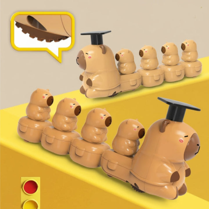 Two capybara toy trains shown from the side with an inset underside detail