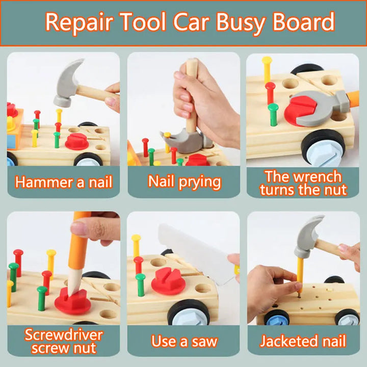 Six examples of tool play, including hammering, prying, turning nuts and pretend sawing