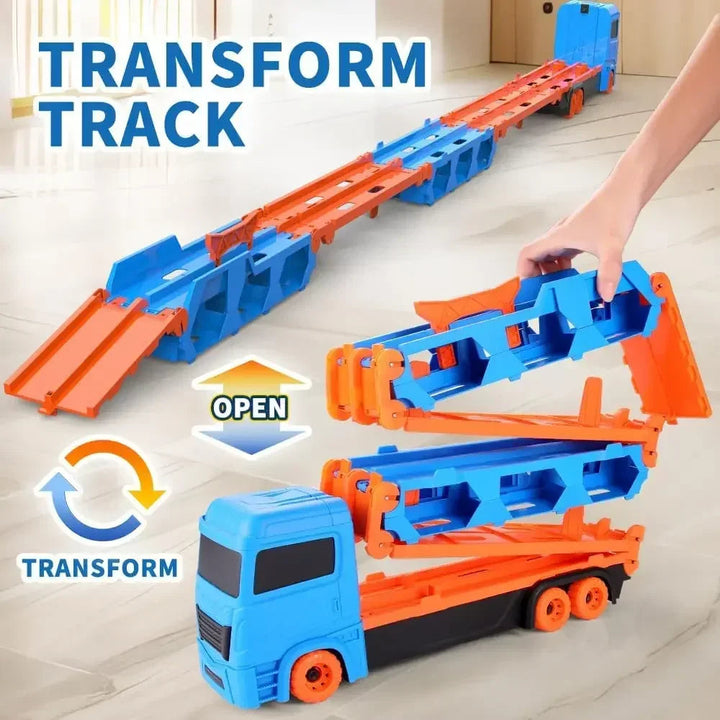 Blue and orange car carrier truck unfolding into a long two-lane racetrack.