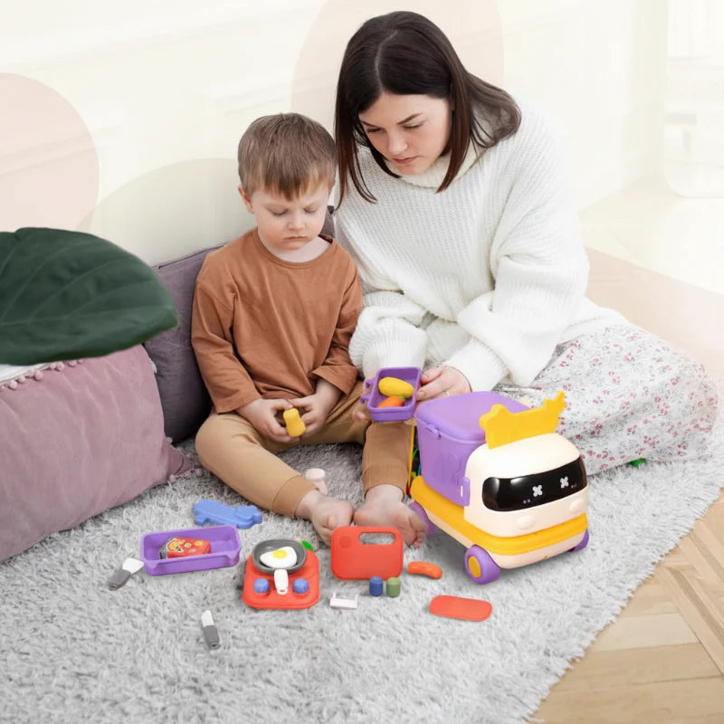 Child and adult playing with a purple car kitchen playset and pretend cooking accessories
