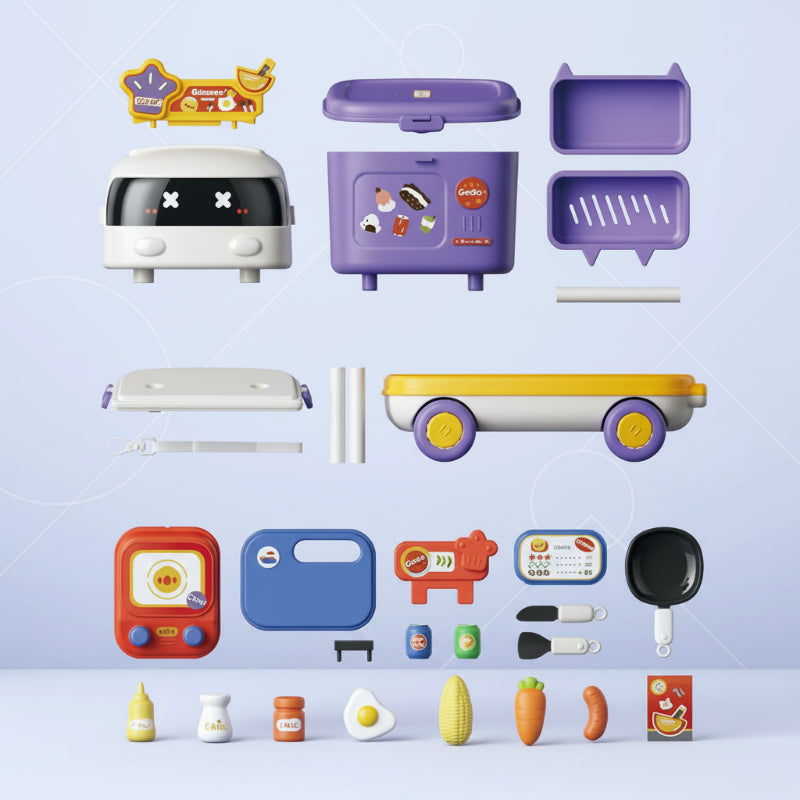 Car kitchen playset components, cooking accessories, and pretend food laid out separately
