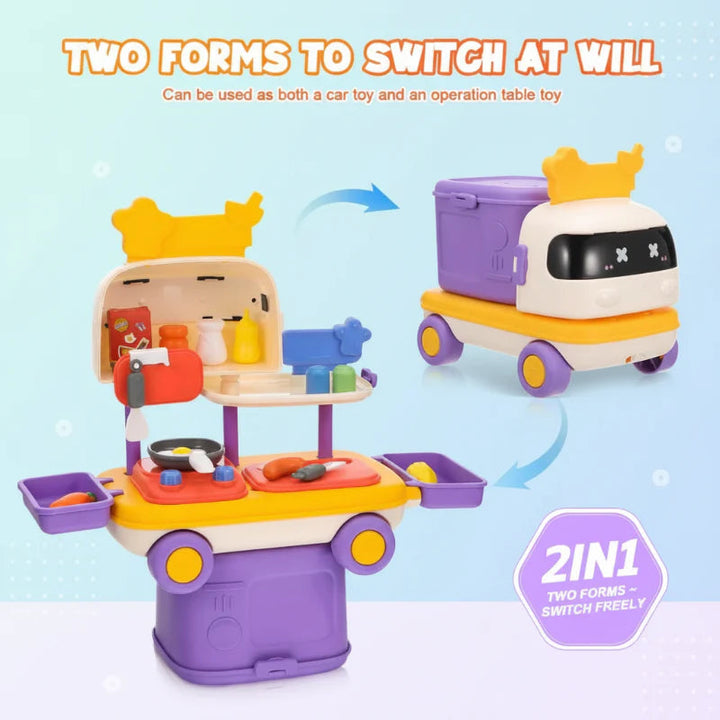 Comparison of the playset in open kitchen mode and closed toy car mode