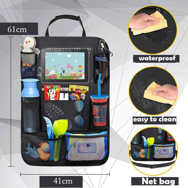 Black seat-back organizer with 61 x 41 cm measurements, cleaning demonstrations, and mesh pocket detail