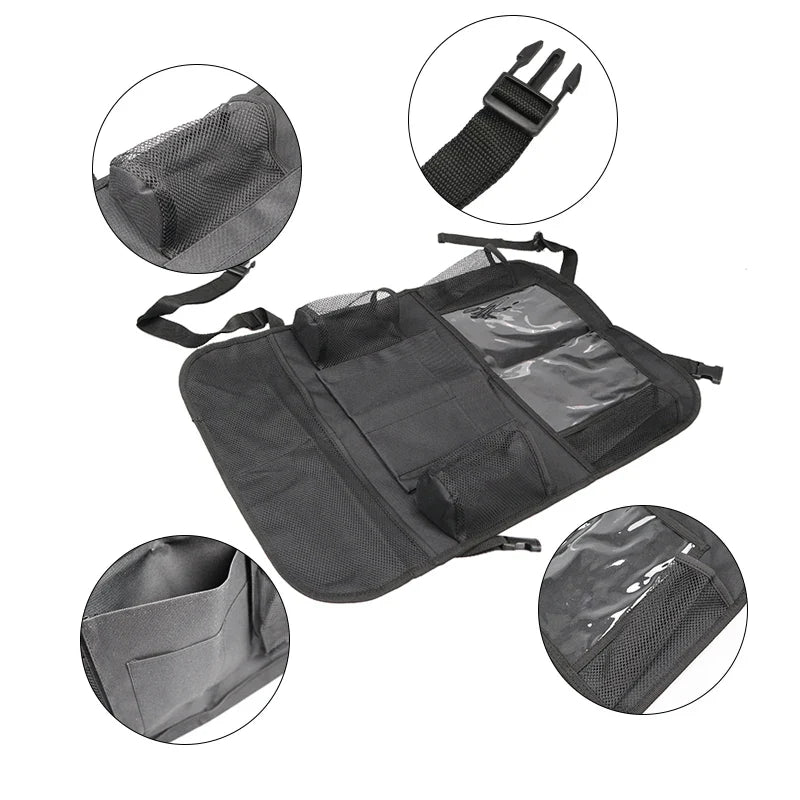 Car organizer with close-ups of mesh pockets, buckle straps, fabric, and a clear tablet holder