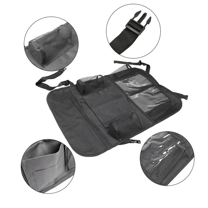 Car organizer with close-ups of mesh pockets, buckle straps, fabric, and a clear tablet holder