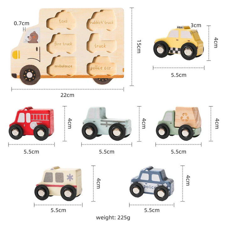 Size chart for the wooden Cars puzzle board and its six vehicle pieces