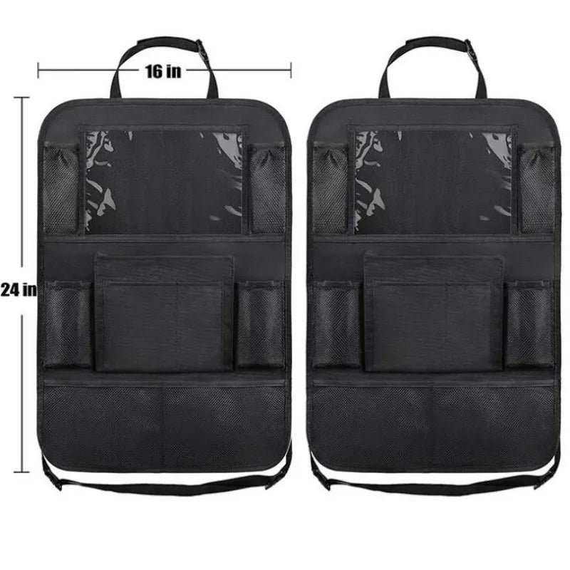 Two black seat-back organizers shown with 24-inch height and 16-inch width measurements
